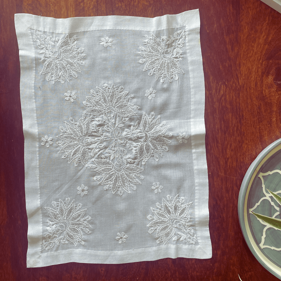 Saundarya Chikankari Embroidery White Placemats, 12" x 18", Pack of 2 |SHOBITAM