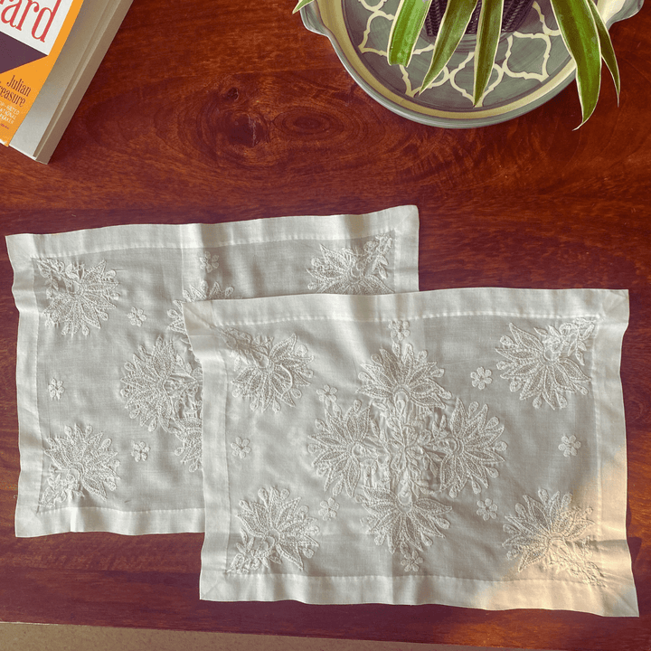 Saundarya Chikankari Embroidery White Placemats, 12" x 18", Pack of 2 |SHOBITAM