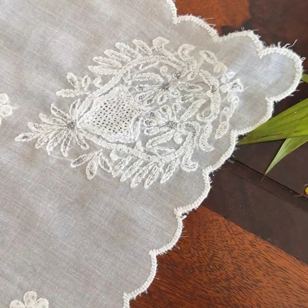 Chikankari Embroidery White Table Runner, 30" x 12"