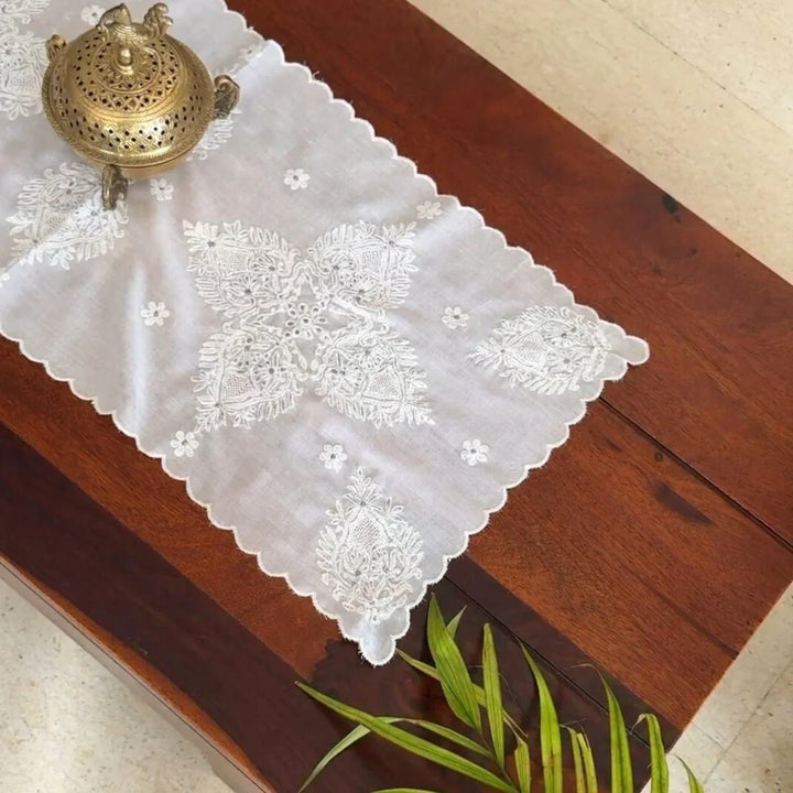 Chikankari Embroidery White Table Runner, 30" x 12"