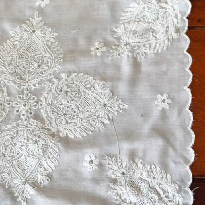 Chikankari Embroidery White Table Runner, 30" x 12"