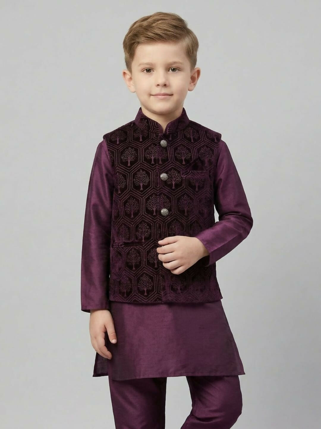 Boys Maroon Kurta Pajama Set with Embroidered Nehru Jacket | SHOBITAM