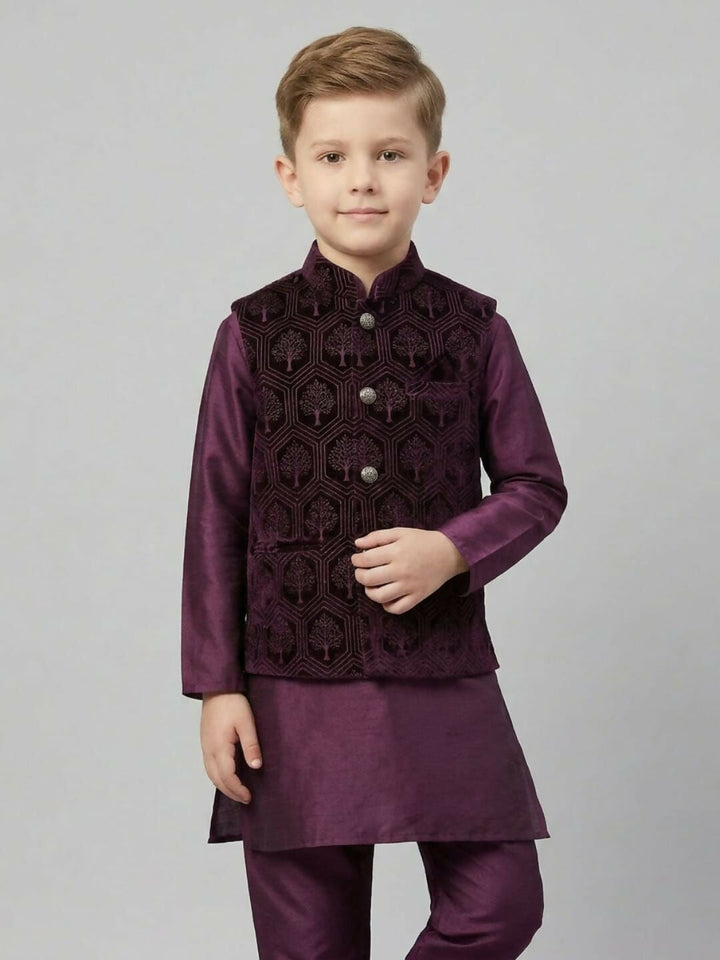 Boys Maroon Kurta Pajama Set with Embroidered Nehru Jacket | SHOBITAM