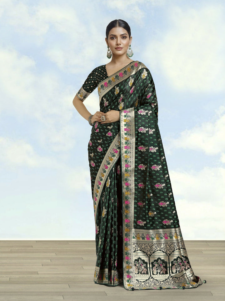 Dark Green With Gold Bordar Banarasi Satin Zari Woven Saree | SHOBITAM