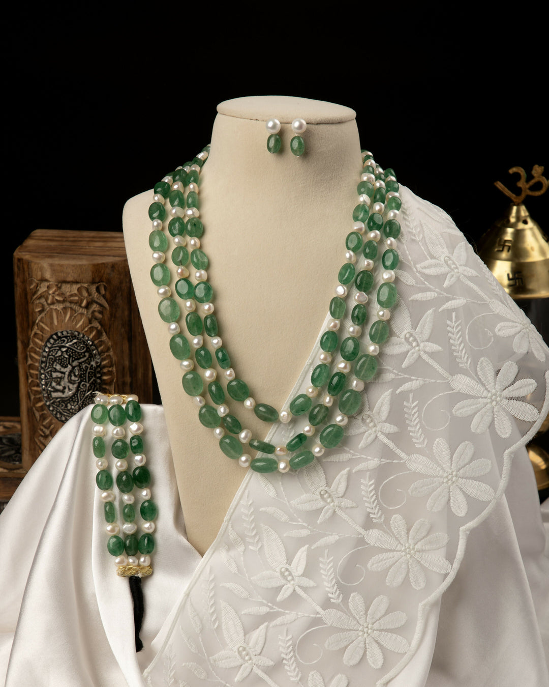 Vasundhara: Green Aventurine Mala with Earrings and Bracelet | SHOBITAM