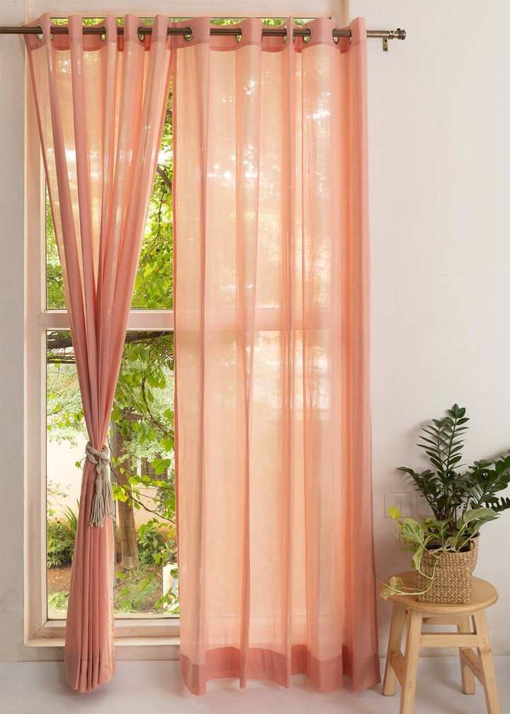 Solid Clay sheer 100% cotton plain curtain for Living room & bedroom - Light filtering - Rust - Single Piece | SHOBITAM