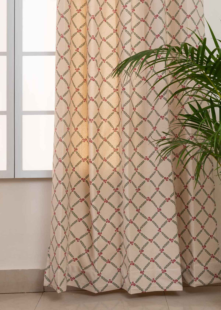 Climbing Roses Wine Red 100% cotton floral curtain for living room - Room darkening - Single Piece | SHOBITAM