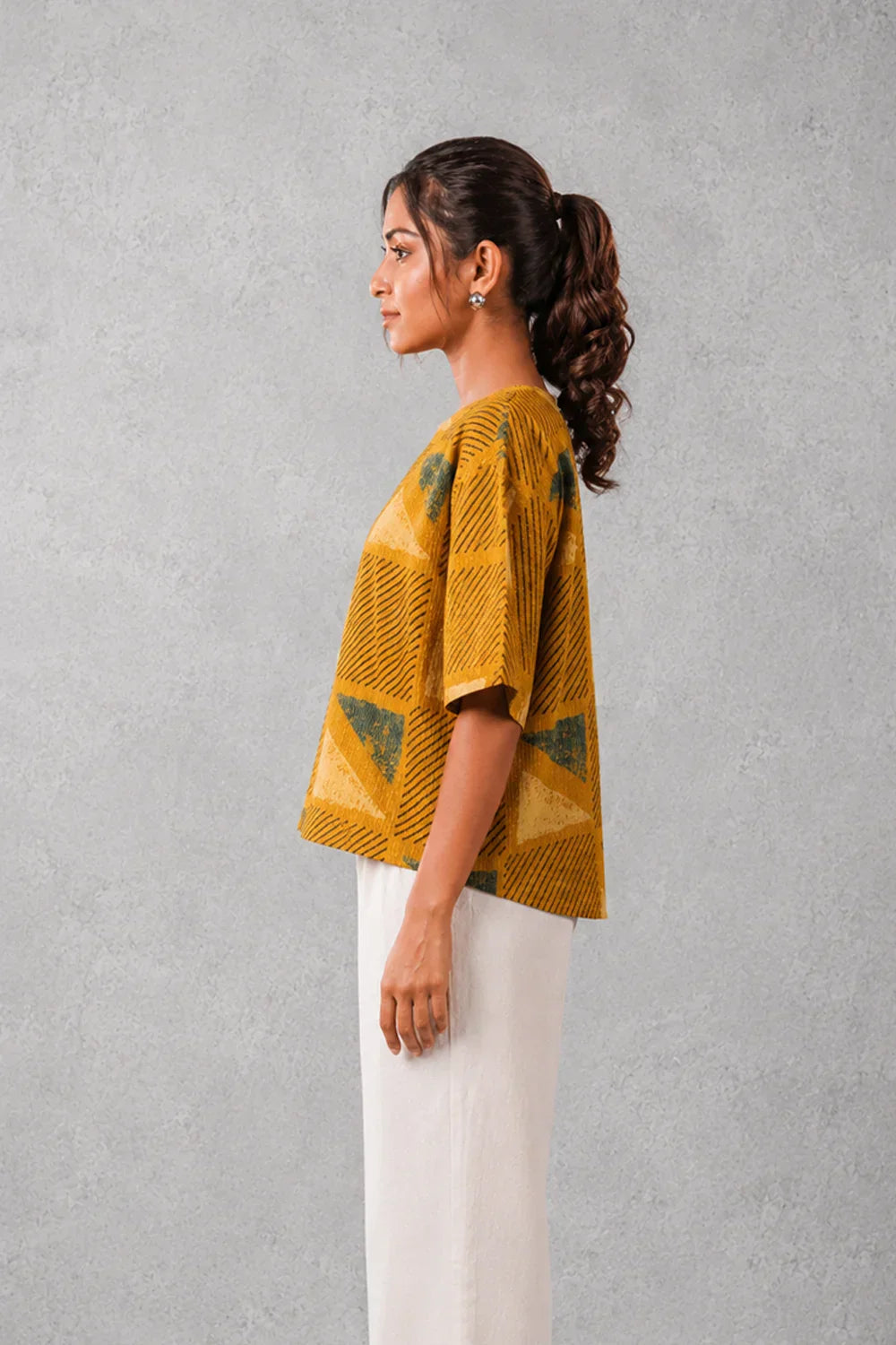 Mustard Yellow Cotton Ajrakh Top | SHOBITAM