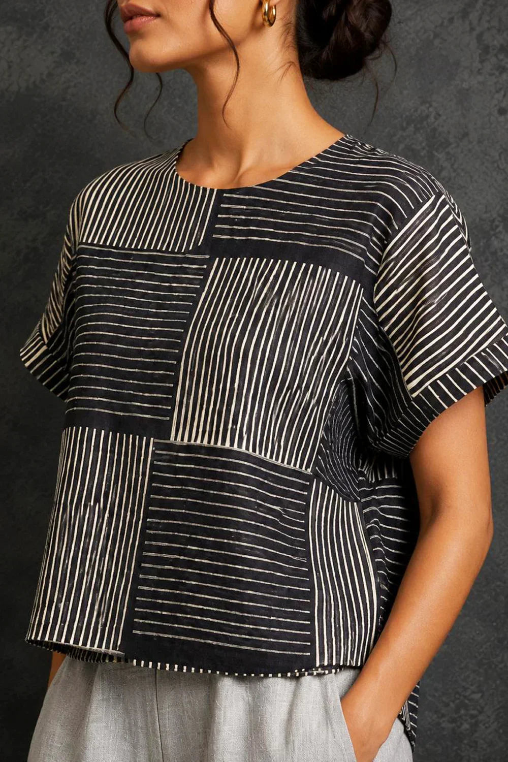 Grey Box Checks Hand Block Print Top | SHOBITAM