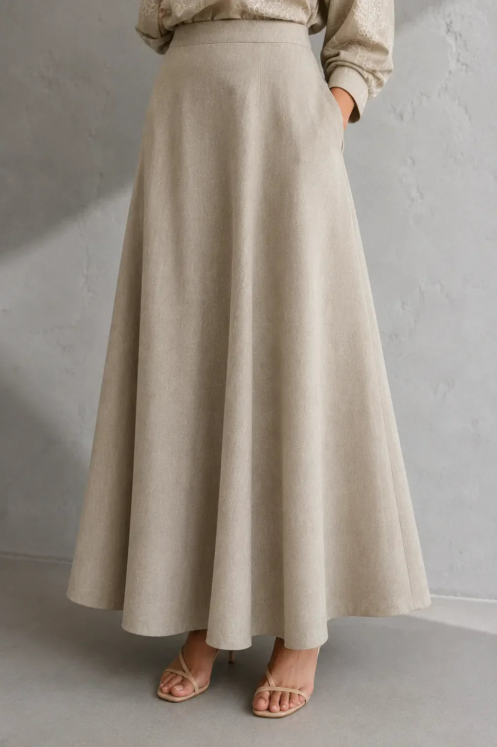 Beige Essence Embroidered Linen Skord | SHOBITAM