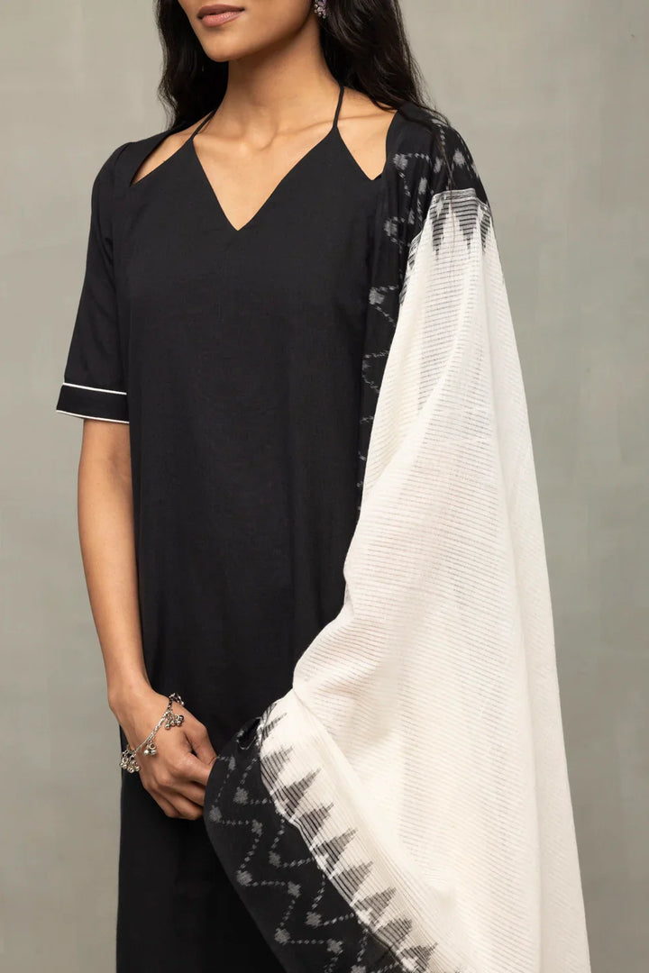 Handloom Black Pure Cotton Kurta Set WIth Ikkat Dupatta | SHOBITAM