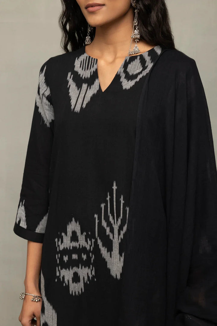 Handloom Black Ikat Abstract Kurta Set with Dupatta | SHOBITAM