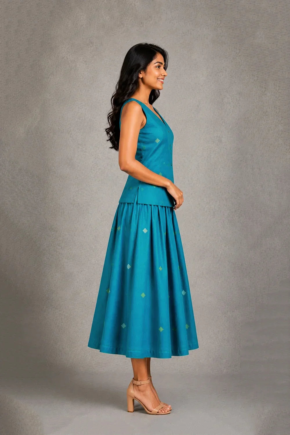 Teal Blue Yantra Motif Jamdani Skord | SHOBITAM