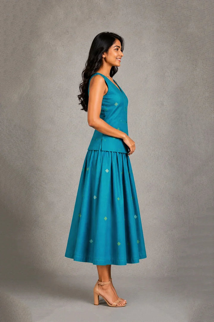 Teal Blue Yantra Motif Jamdani Skord | SHOBITAM