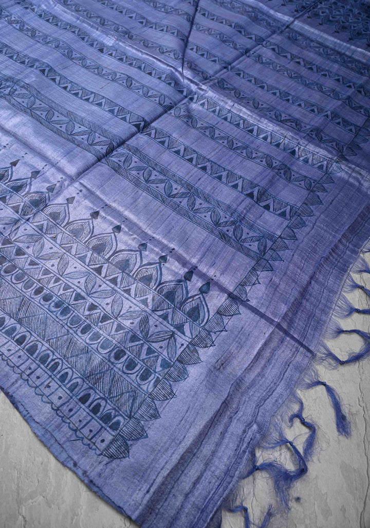 Blue Desi Tussar Silk Madhubani Painting Saree  | SILK MARK CERTIFIED