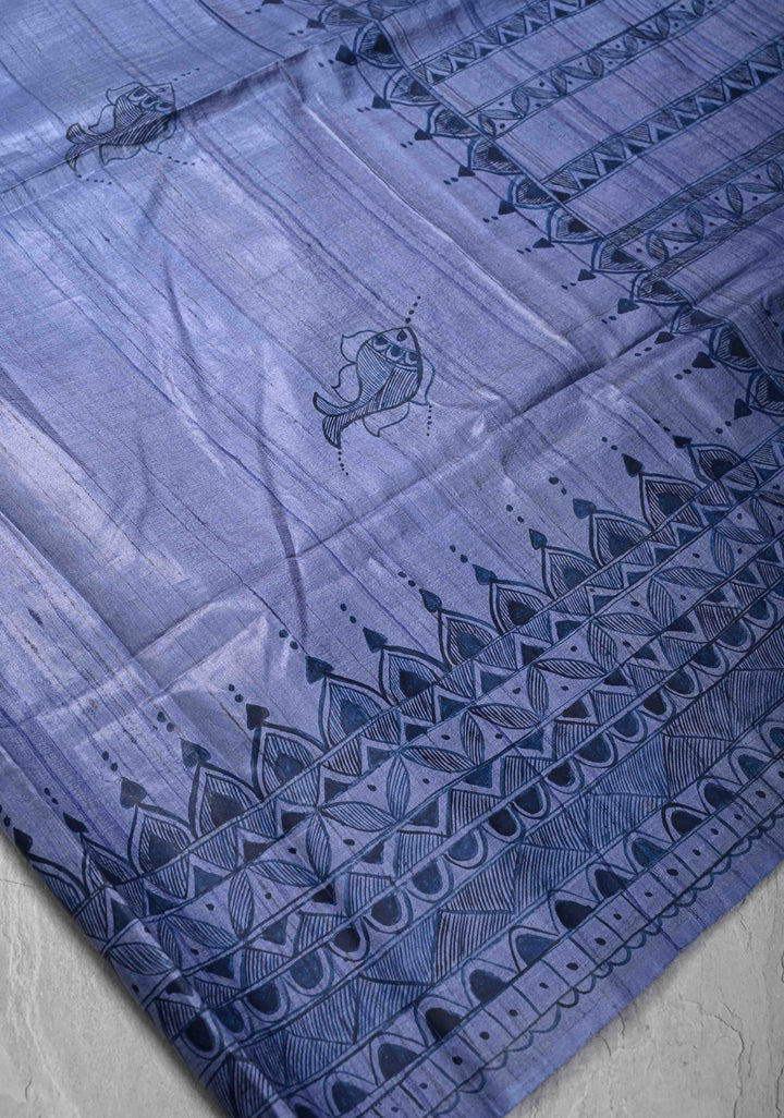 Blue Desi Tussar Silk Madhubani Painting Saree  | SILK MARK CERTIFIED