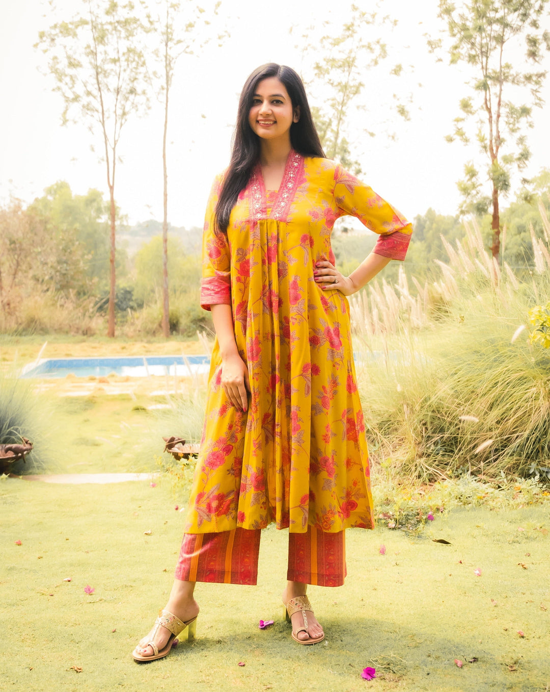 GULBAHAR Yellow Embroidered Viscose Kurta Set