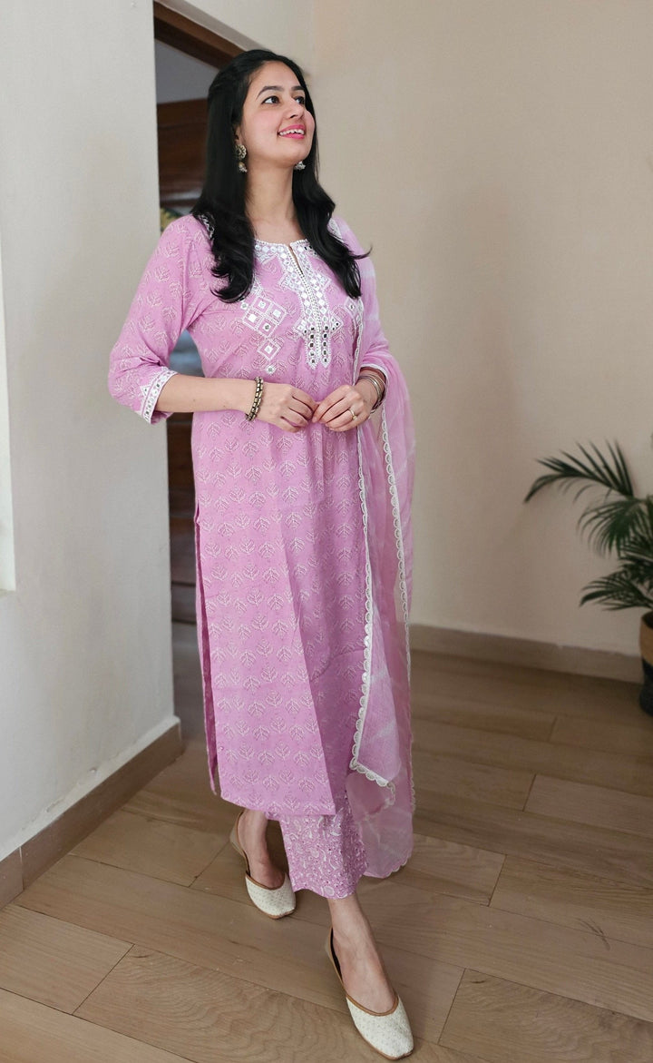 JASMINE Purple Cotton Embroidered Kurta Set Of 2