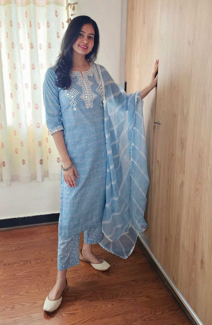 NARGIS Blue Embroidered Mirrorwork Cotton Kurta Set Of 3