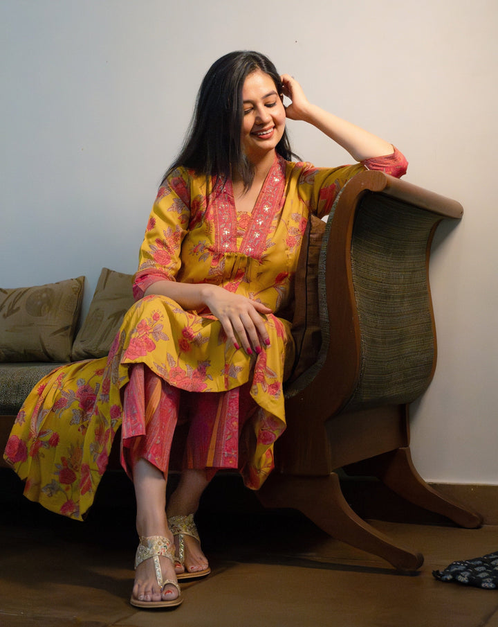 GULBAHAR Yellow Embroidered Viscose Kurta Set