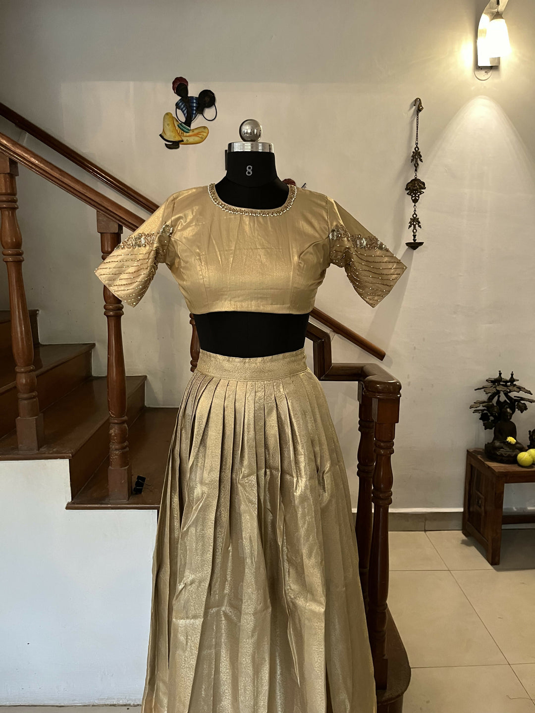 Gold Semi Kanchi half saree Davani /Lehenga Sets with Hand Embroidery Blouse