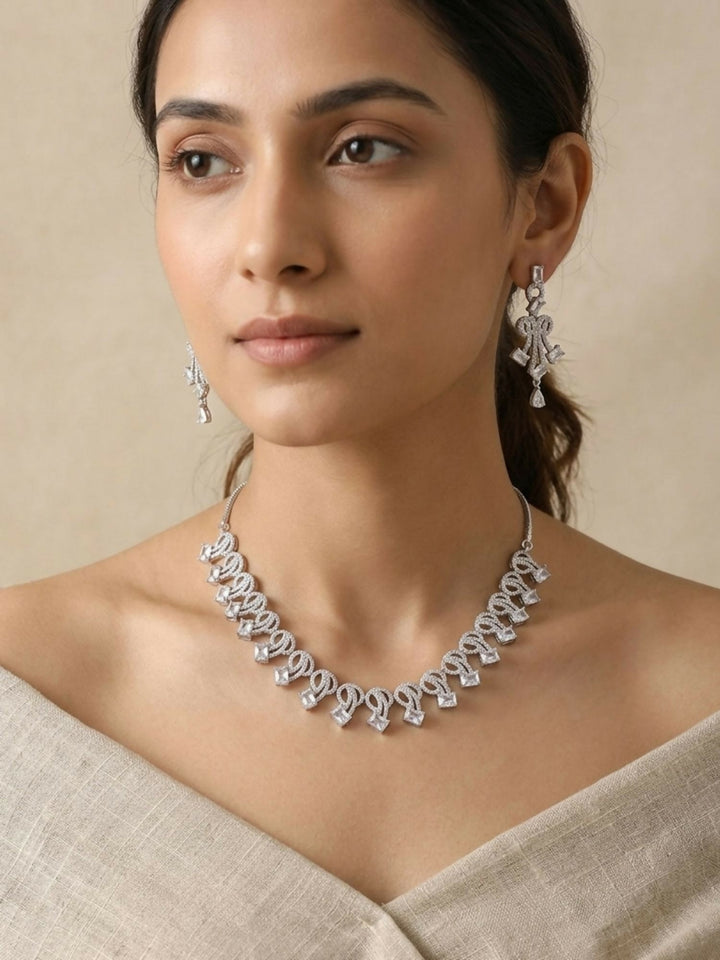 Mesmerizing Silver Plated American Diamond Necklace Set | Shobitam