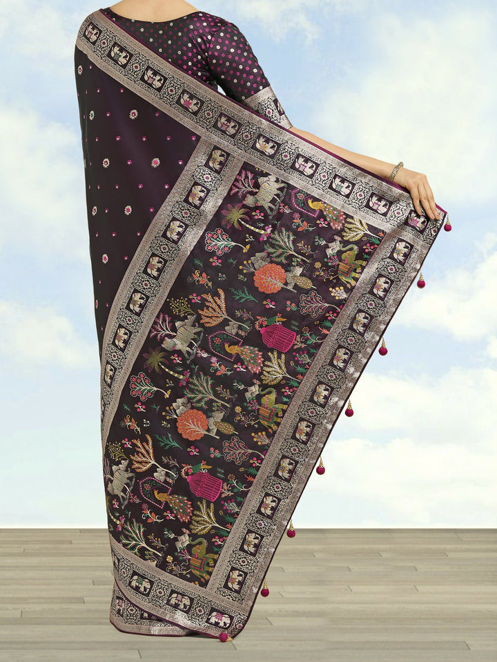 Wine Woven Banarasi Satin Silk Saree | SHOBITAM