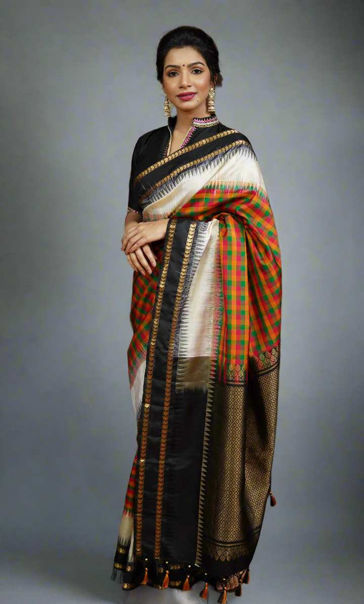 Exquisite Classic Kanjeevaram Multicolor Checks Saree in 9" Border | SILK MARK CERTIFIED