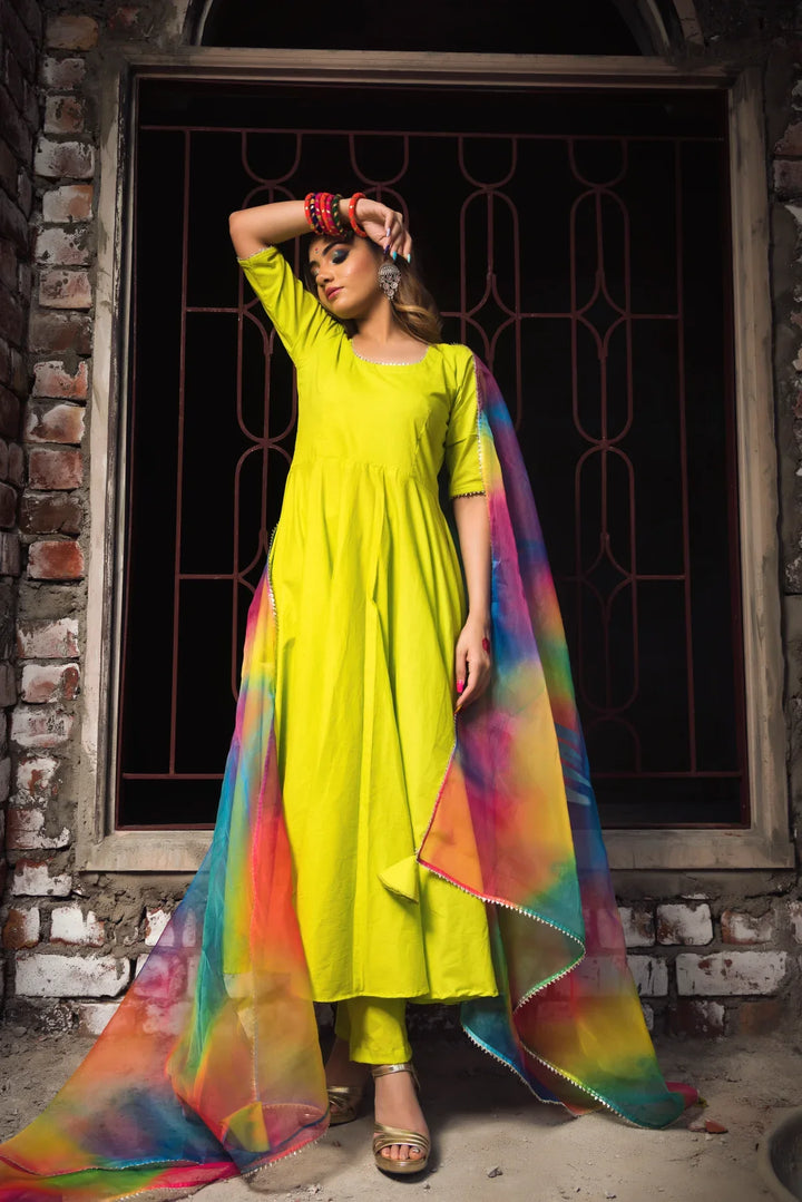 GULAAL GREEN PURE COTTON ANARKALI SET | SHOBITAM
