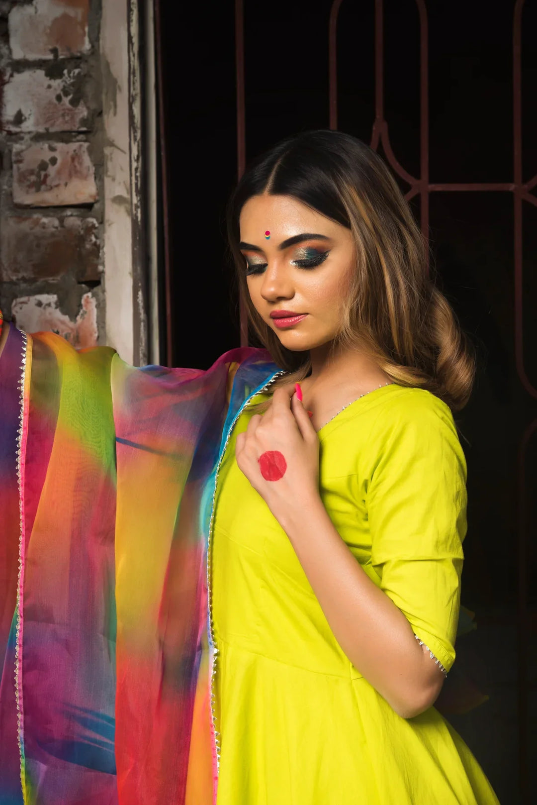 GULAAL GREEN PURE COTTON ANARKALI SET | SHOBITAM