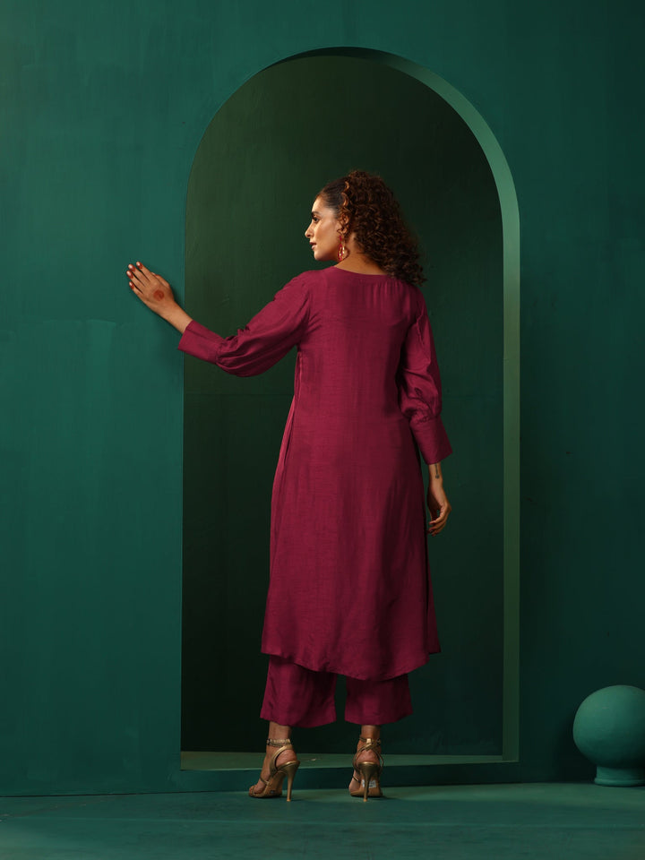 Maroon Silk Puff Sleeve Kurta Pant Set | SHOBITAM