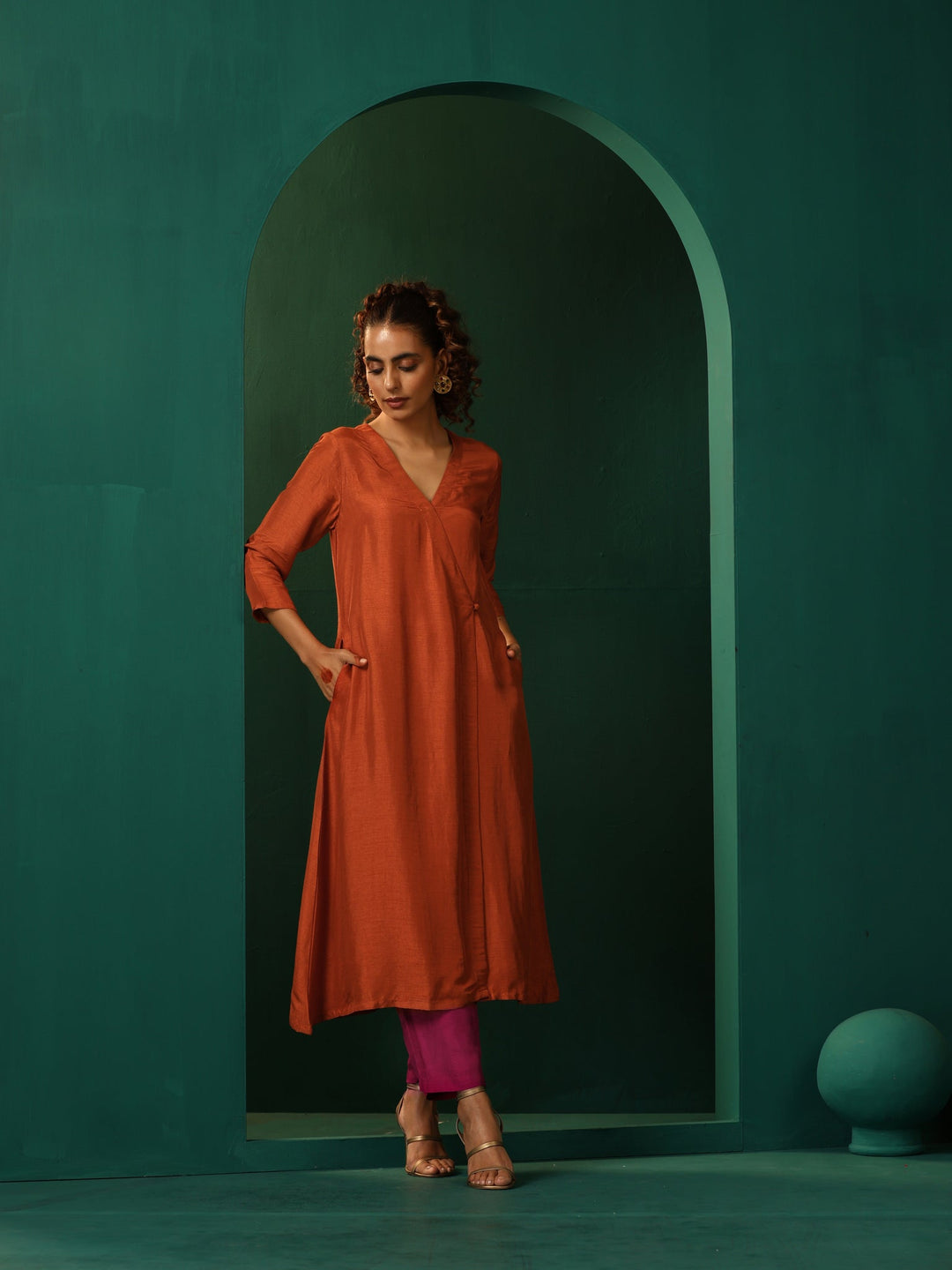 Rust Silk Angrakha Kurta Pant Set | SHOBITAM