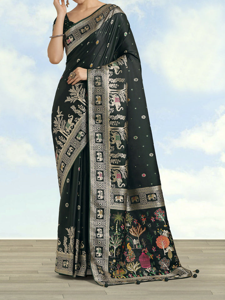 Dark Green Woven Banarasi Satin Silk Saree | SHOBITAM