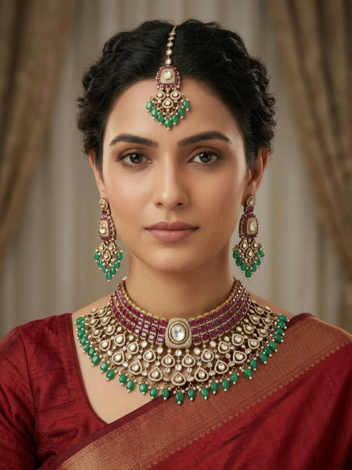 Royal Kundan & Emerald Bridal Choker Set with Maangtikka | SHOBITAM