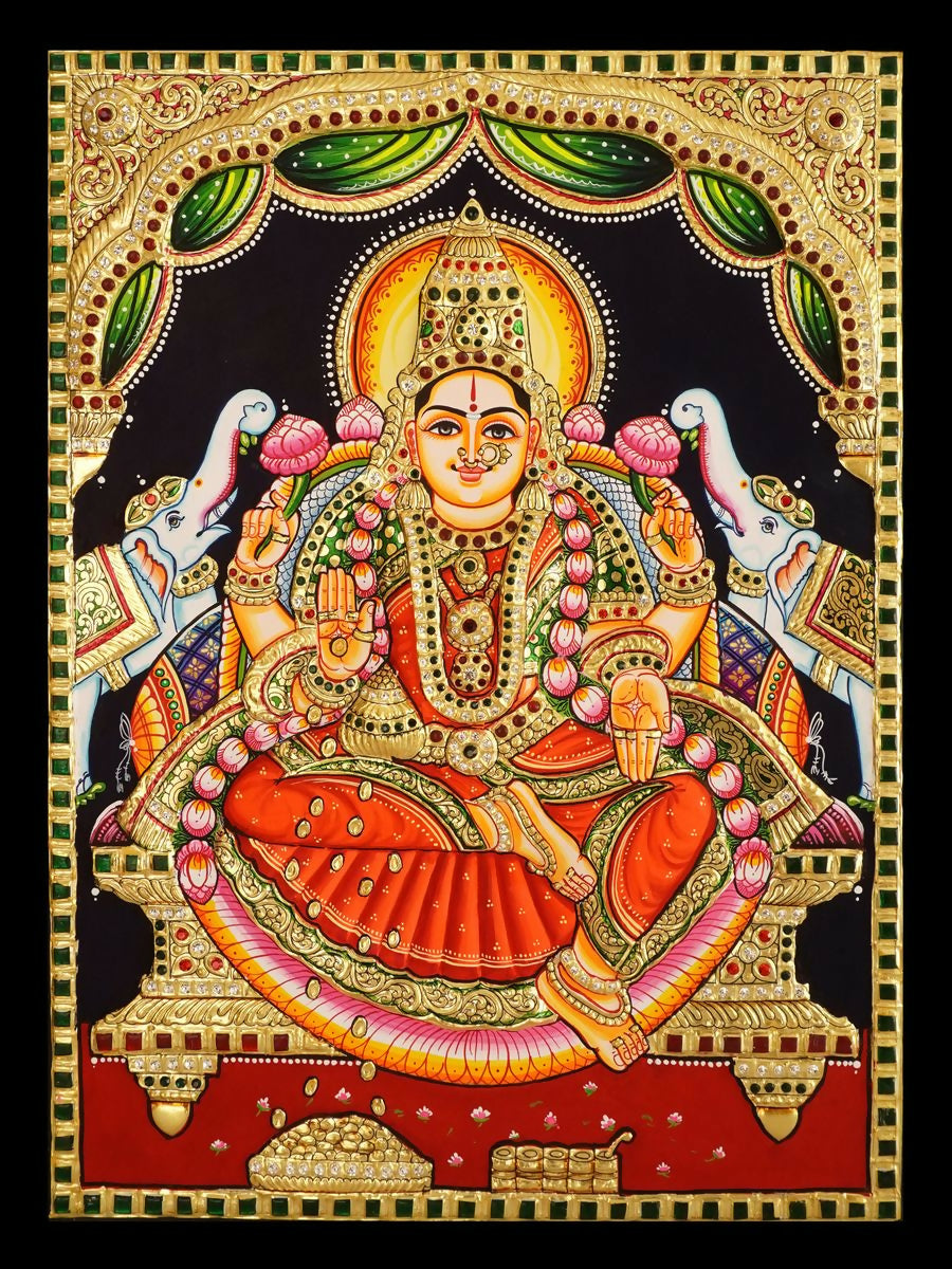 18*24 Authentic TANJORE PAINTING GAJA LAKSHMI With 22 Ct gold Foil and Jaipur Gemstones,Unframed | SHOBITAM