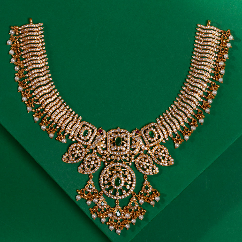 Pure 92.5 Silver, Gold Plated Traditional Choker Set with Dangling Pearls