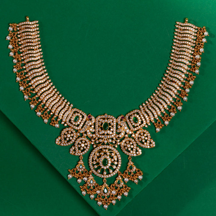 Pure 92.5 Silver, Gold Plated Traditional Choker Set with Dangling Pearls