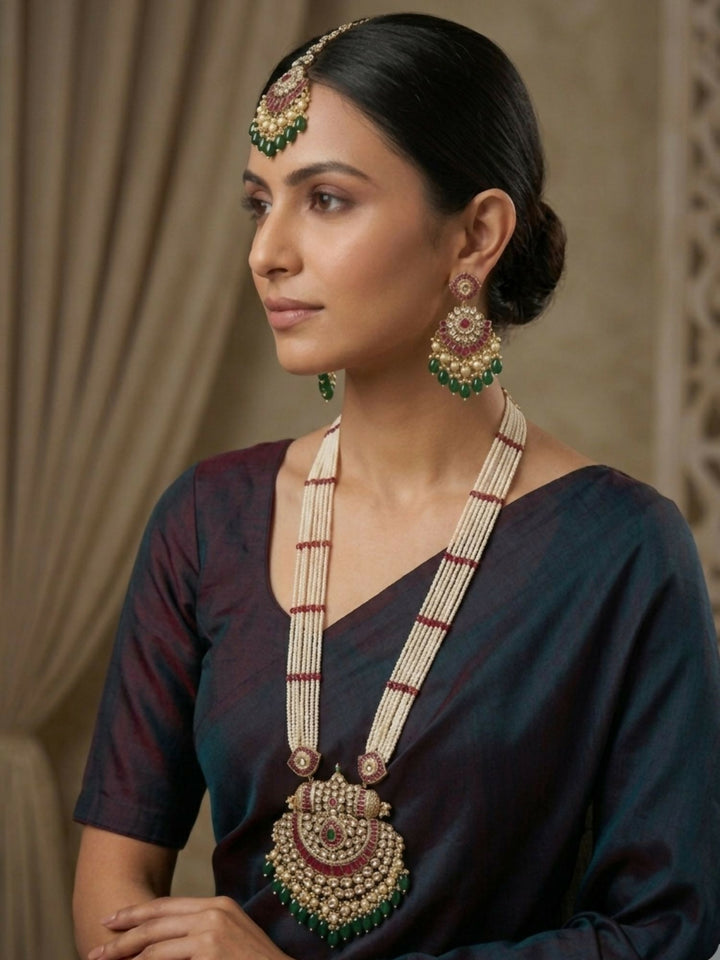 Gold Plated Long Bridal Polki Stone Necklace Set | shobitam