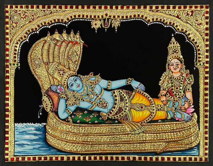 14*18 TANJORE PAINTING RANGANATHA SWAMY WITH LAKSHMI and Authentic With 22 Ct Gold Foil and Jaipur Gemstones,Unframed | SHOBITAM