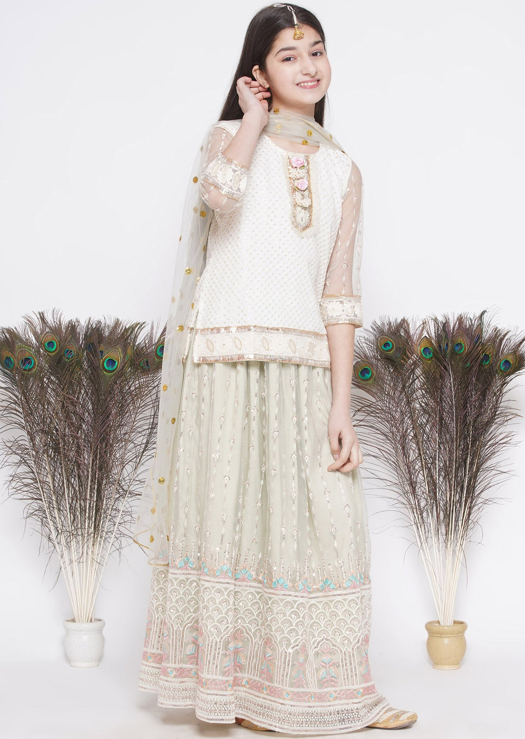 Floral Work Green Lehenga with Floral Embroidery Kurta and Dupatta | SHOBITAM