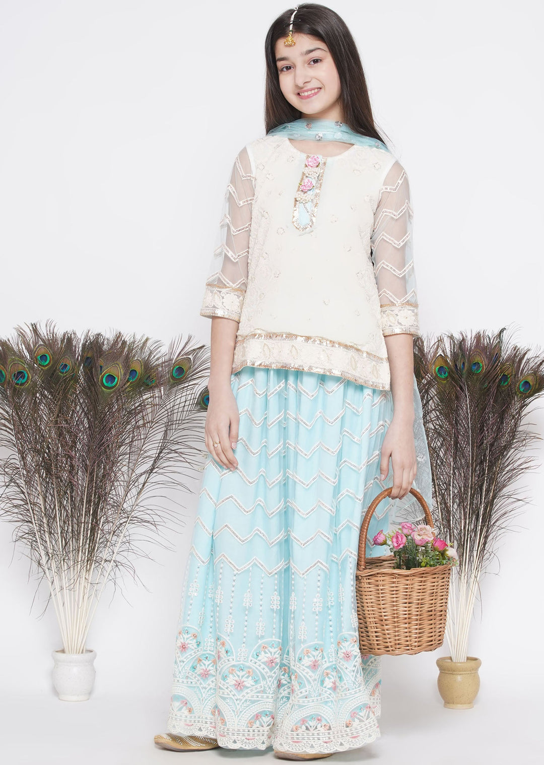 Floral Work Cloudy Blue Lehenga with Floral Embroidery Kurta and Dupatta | SHOBITAM