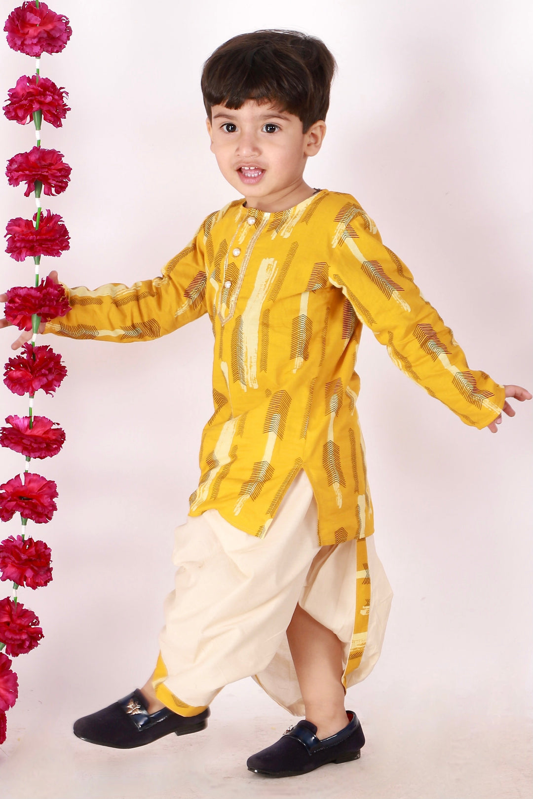 Boys Pure Cotton Ethnic Print Full Sleeves Kurta with Dhoti in Yellow & Beige | SHOBITAM