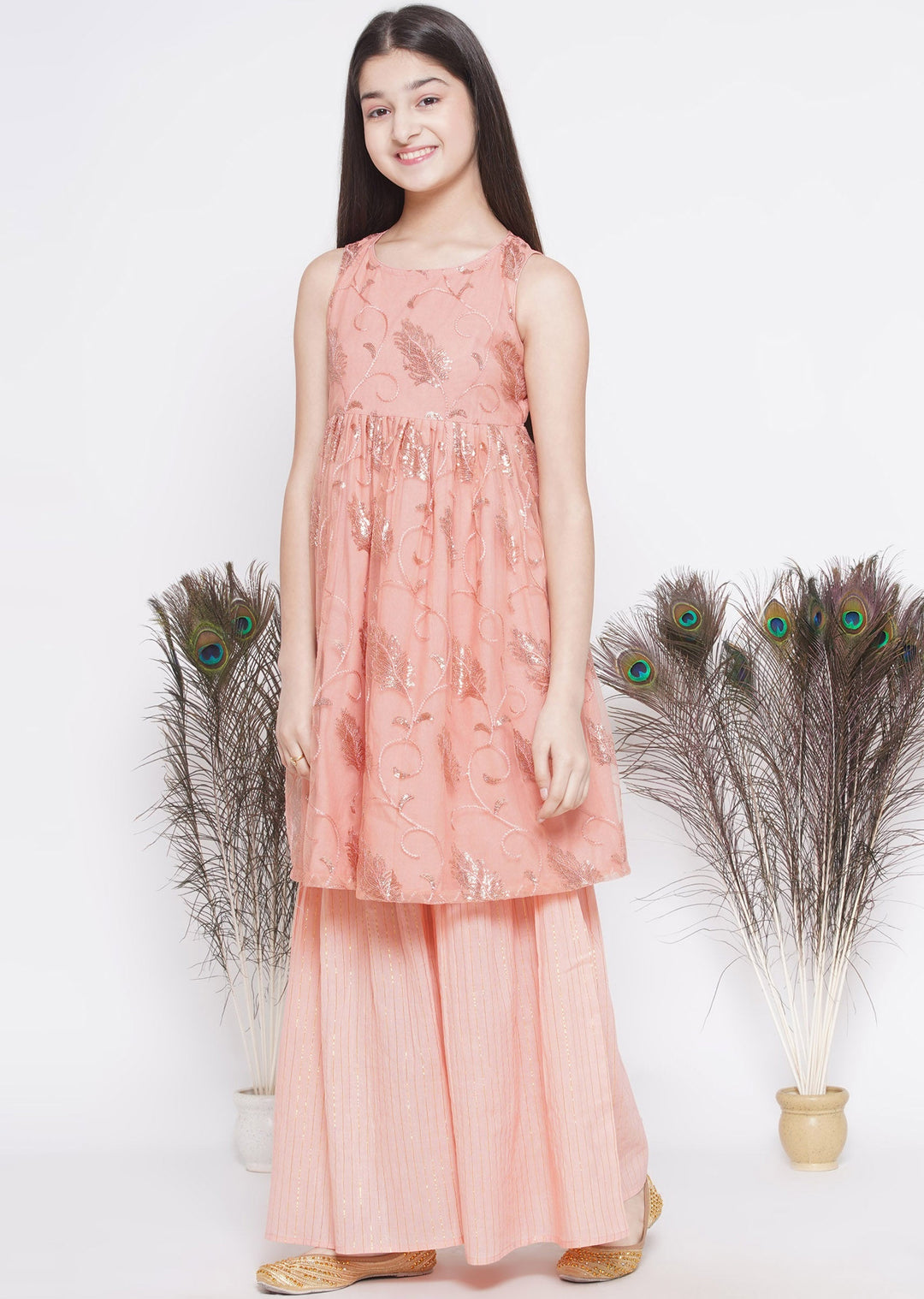 Peach Sequin work Leaf Kurta Frock with Sharara and Dupatta | SHOBITAM