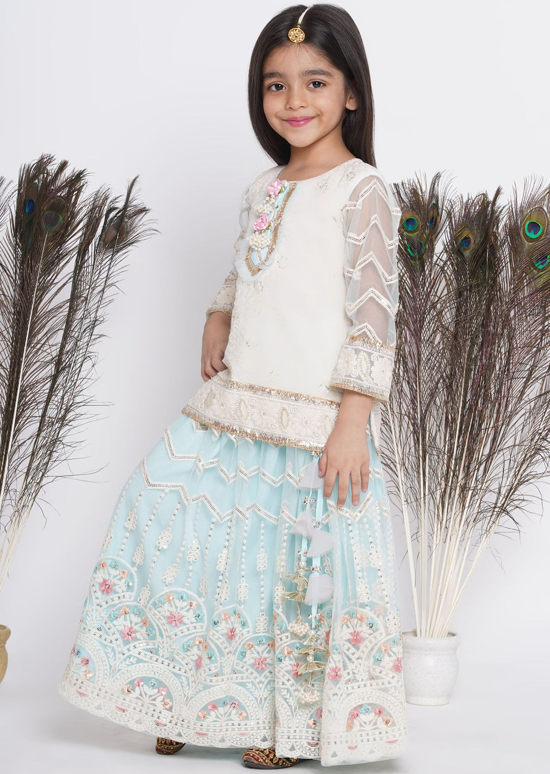 Floral Work Cloudy Blue Lehenga with Floral Embroidery Kurta and Dupatta | SHOBITAM