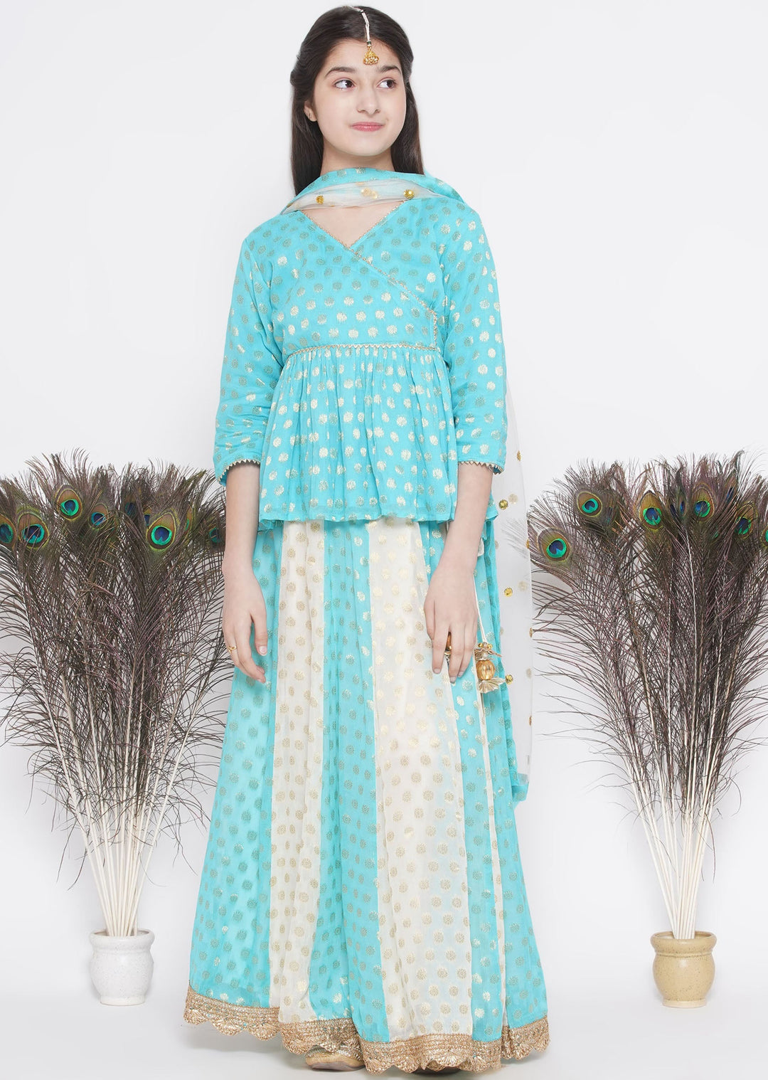 Girls Blue & Off White Kali Work Lehenga with Handmade Latkan and Dupatta | SHOBITAM