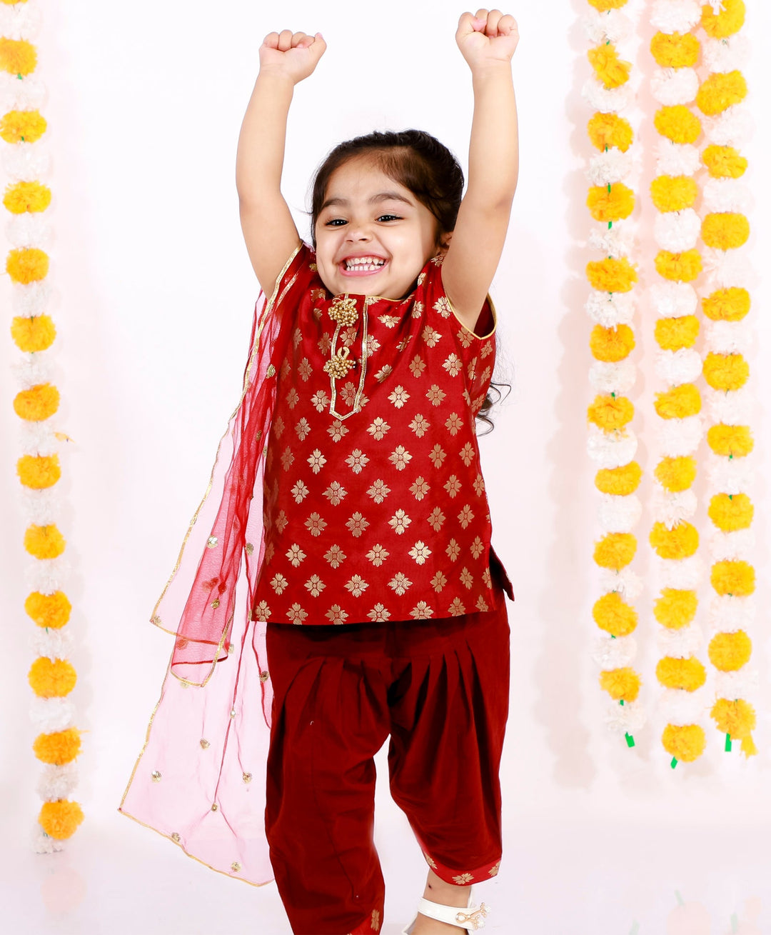 Girls Banarsi Bird Kurta with Salwar and Dupatta - Maroon | SHOBITAM
