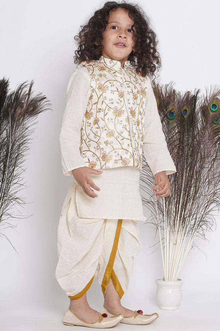 Boys Orange Pink Floral Embroidery Jacket with Cotton Kantha kurta and Kantha Dhoti | SHOBITAM