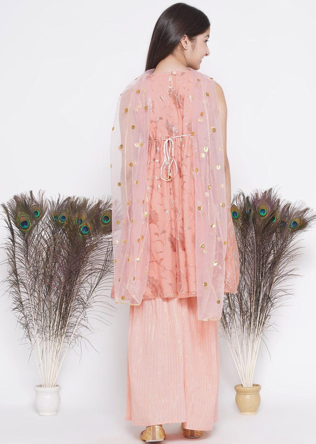 Peach Sequin work Leaf Kurta Frock with Sharara and Dupatta | SHOBITAM