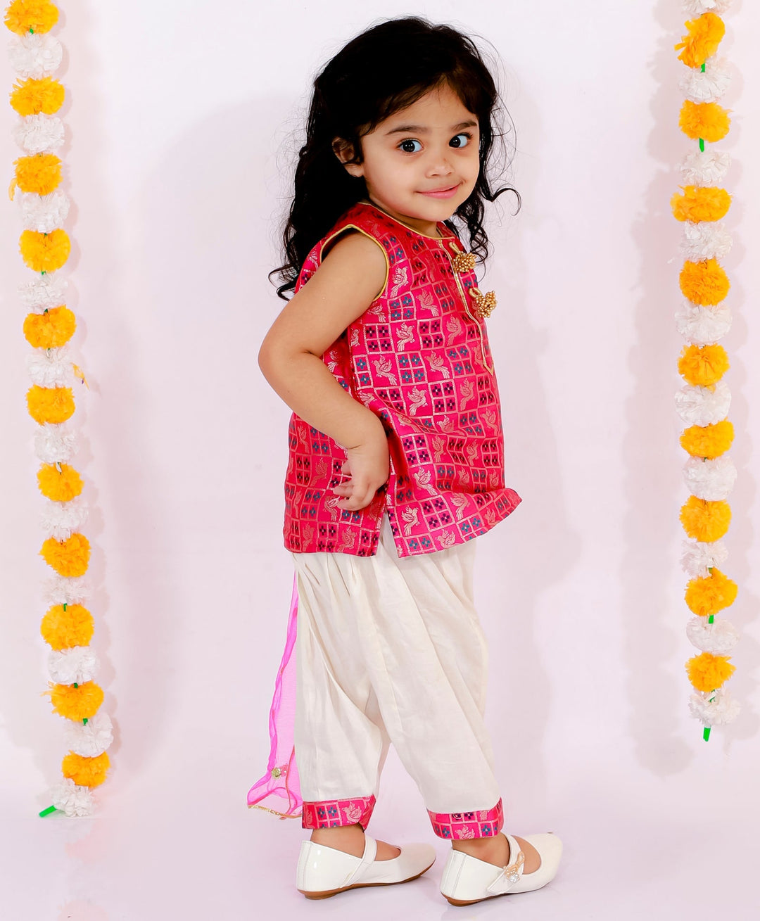 Girls Banarsi Bird Kurta with Salwar and Dupatta - Rani & White | SHOBITAM