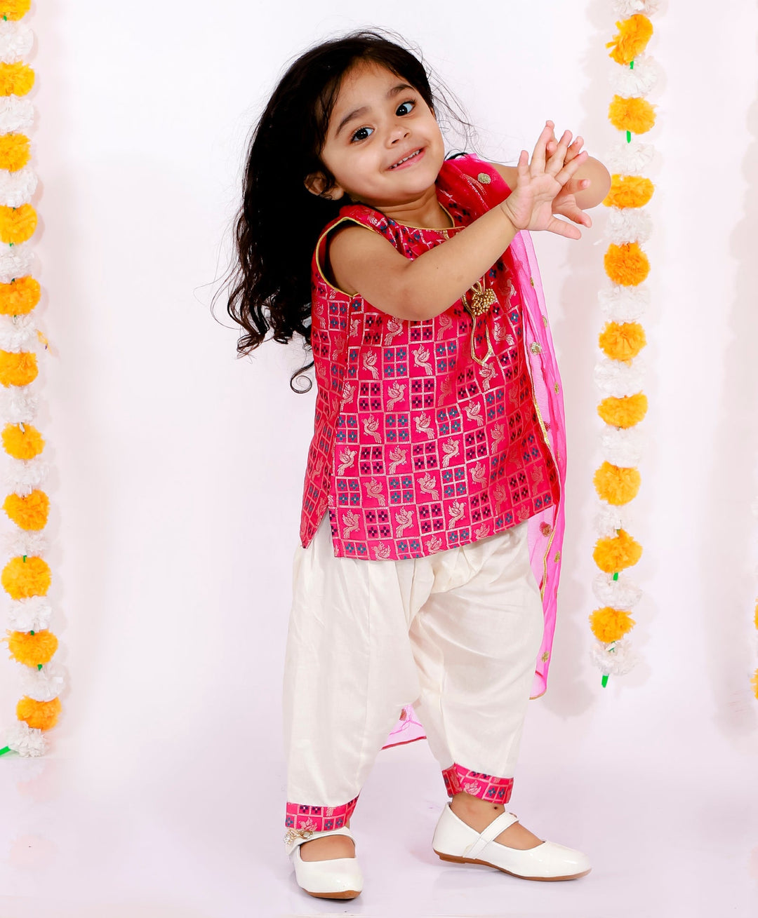 Girls Banarsi Bird Kurta with Salwar and Dupatta - Rani & White | SHOBITAM